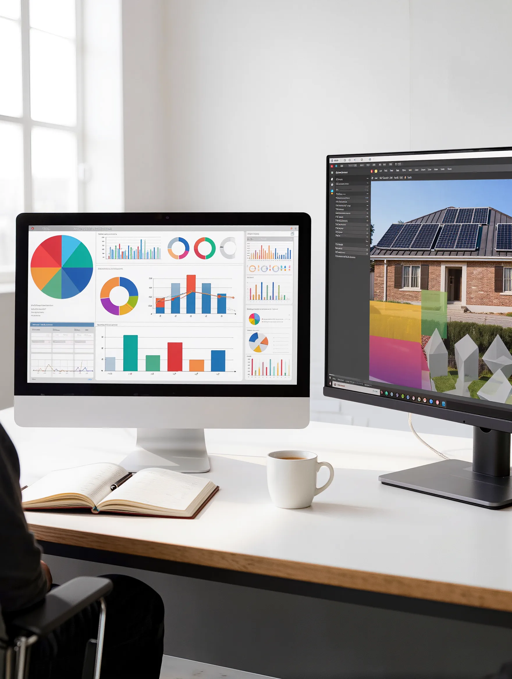 Marketing specialist reviewing campaign dashboards for a solar ad