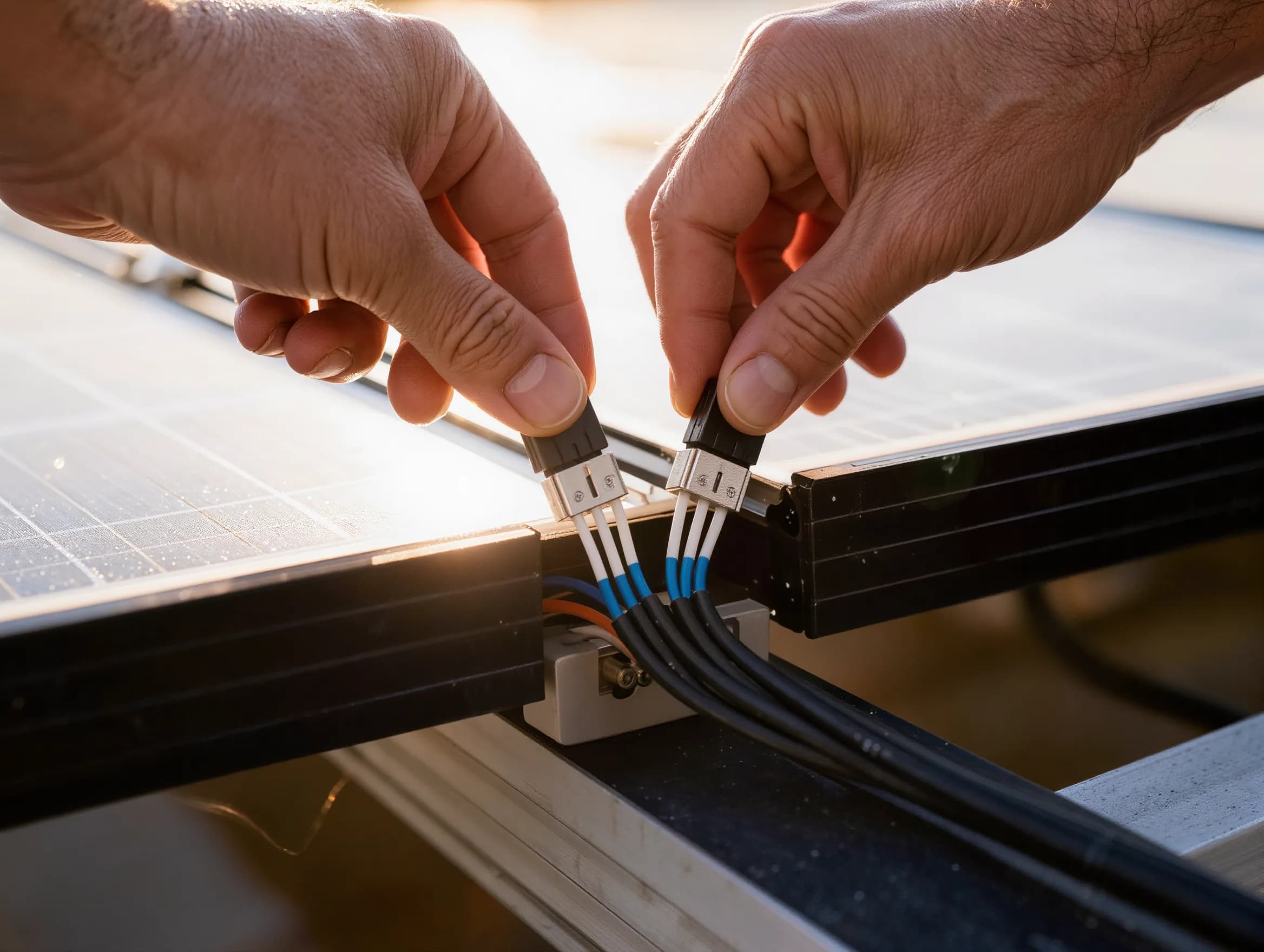 Hands connecting wiring beneath a solar panel